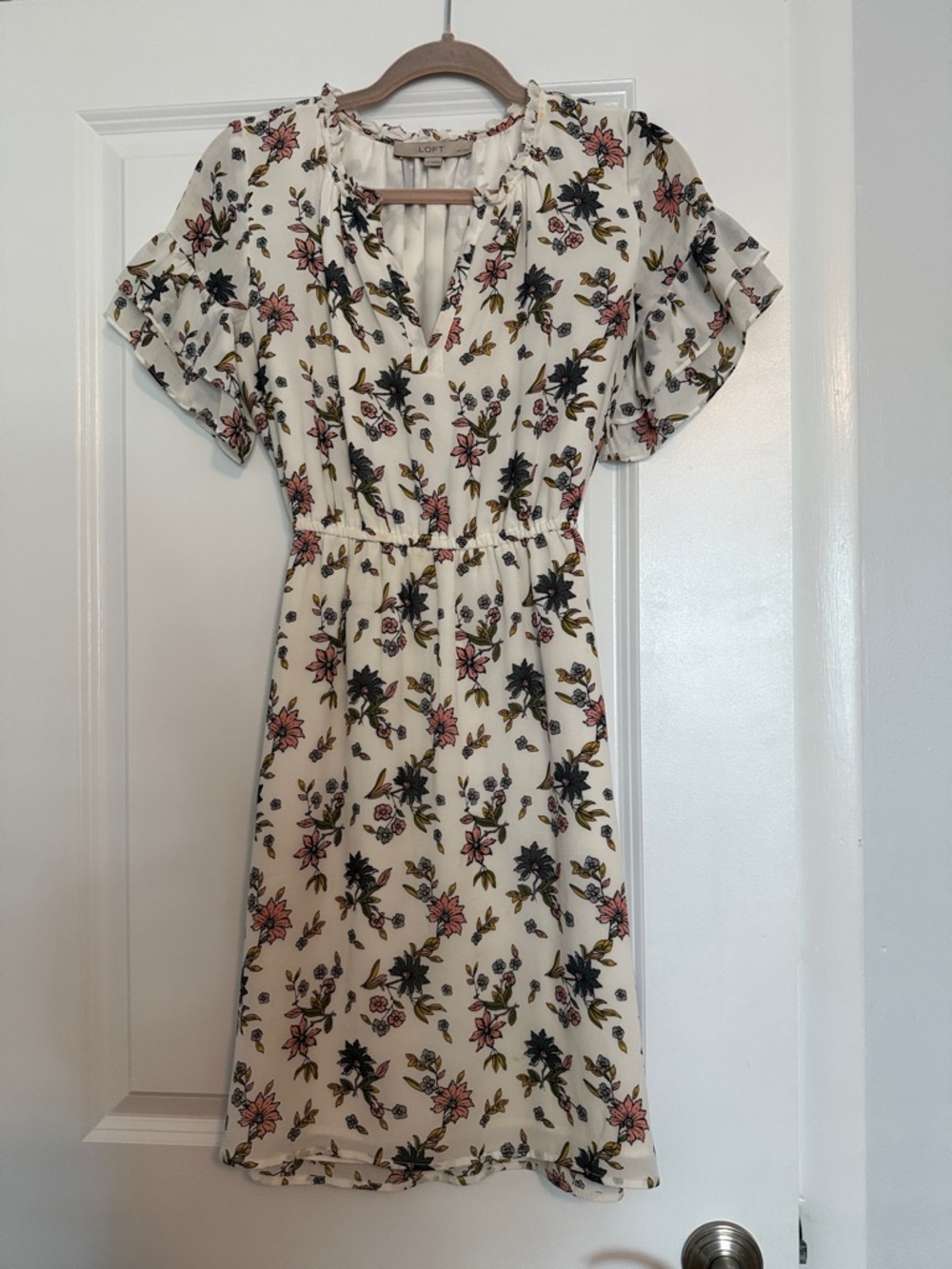 LOFT Cream Floral Flutter Sleeve Mini Dress